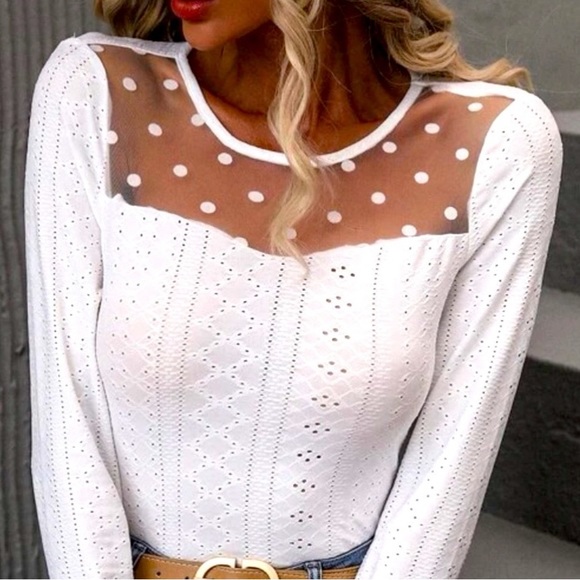 White Eyelet Embroidered Polkadot Mesh Top - Picture 8 of 8